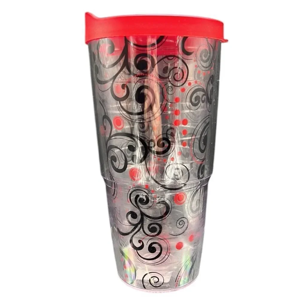 Tervis Tumbler 24oz Berry Swirlwind Clear Red Lid Hot or Cold Beverage Cup READ